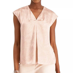 Alfani Womens Printed Inverted Pleat Satin Top Size S Pink Cap Sleeve Blouse